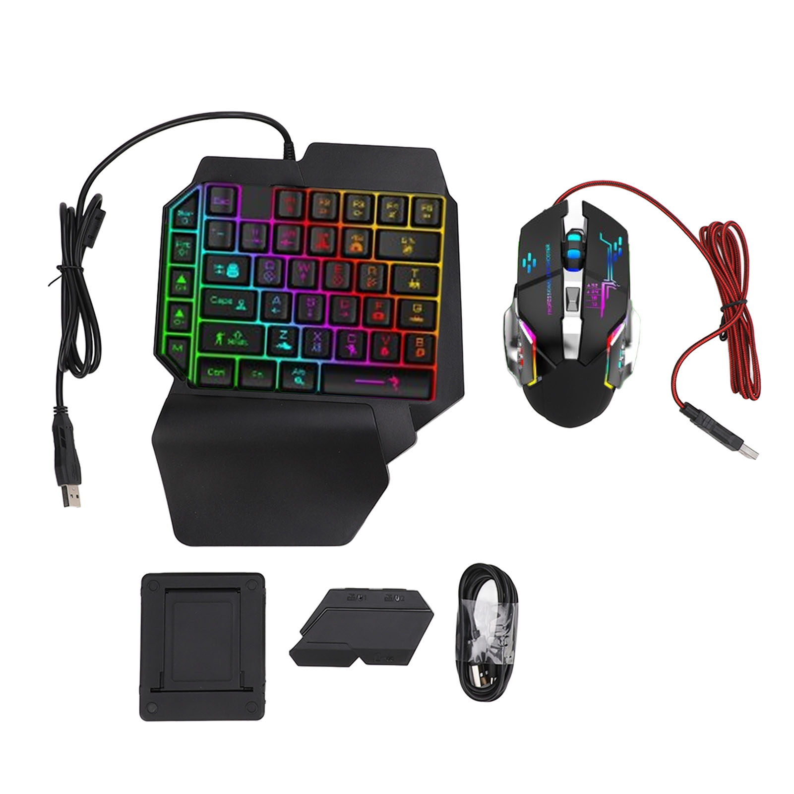 Gaming Accessories For Phone - ชุดแปลงเมาส์คีย์บอร์ด ชุดคีย์บอร์ดเมาส์แบบมือเดียวที่ตอบสนองได้รวดเร็ว ชาร์จ 5V 2A พร้อมที่วางโทรศัพท์แบบปรับได้สำหรับเล่นเกม