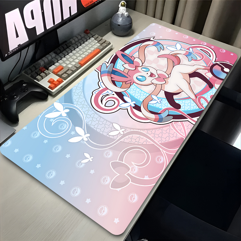 Gaming Accessories For Gaming Setup - แผ่นรองเมาส์สีชมพูขนาดใหญ่ XXL อุปกรณ์เสริมคอมพิวเตอร์สำหรับเล่นเกม P-pokemon Sylveon แผ่นรองคีย์บอร์ดสำหรับวางโต๊ะ