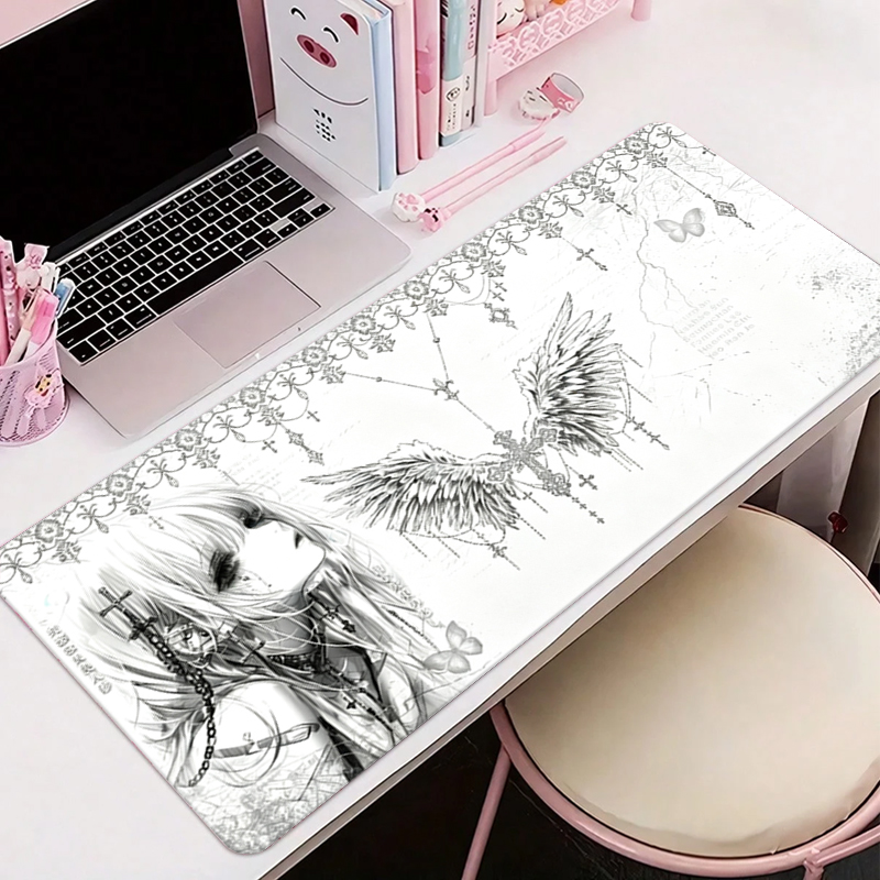 Gaming Accessories For Gaming Setup - แผ่นรองเมาส์หนังสีดำสีขาวอะนิเมะความงามของสาวนางฟ้าแผ่นรองเมาส์อุปกรณ์สำนักงานคีย์บอร์ดเกมพีซีอีสปอร์ต HD แผ่นรองโต๊ะ